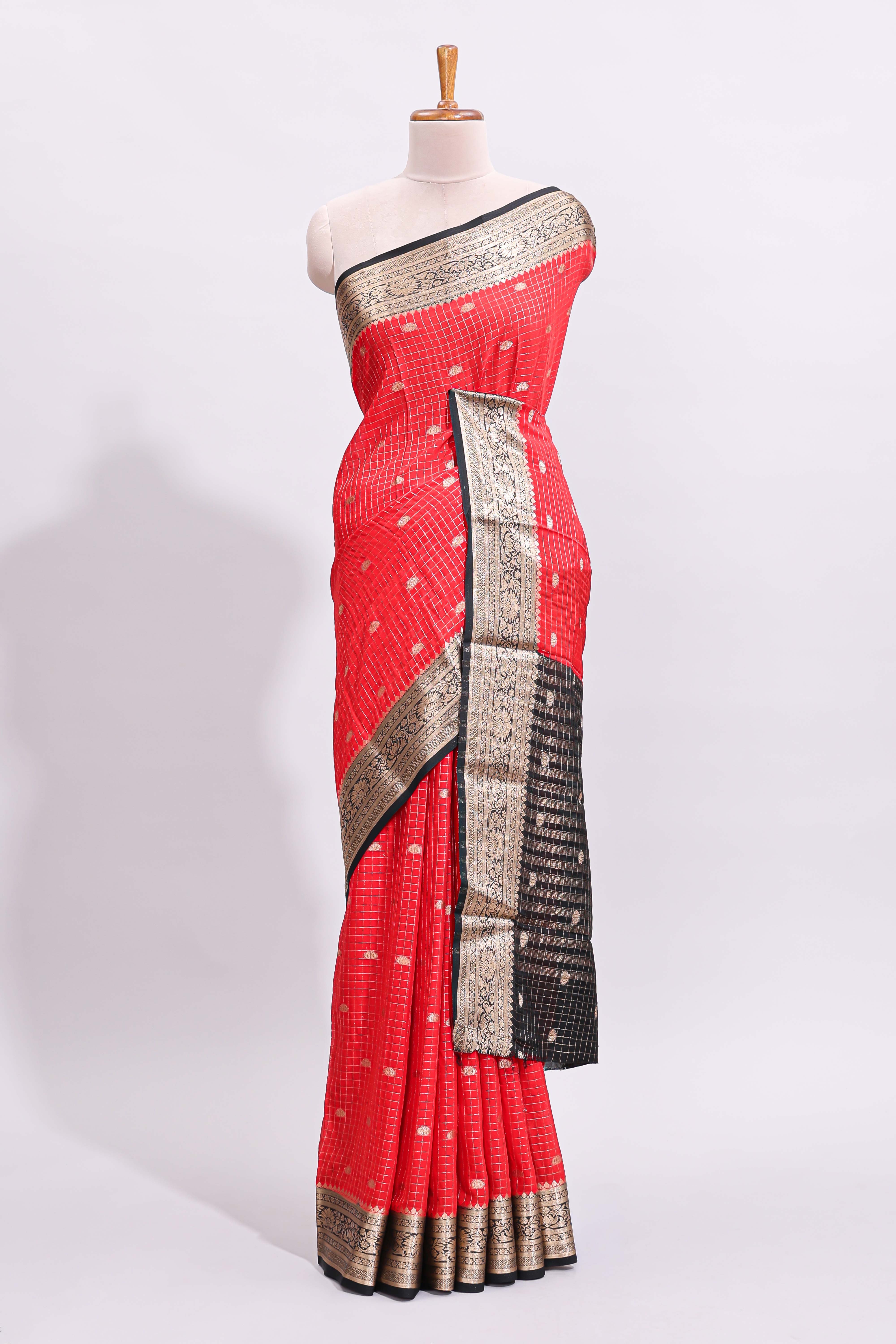 Red zari checked art mysore silk saree with contrast zari border and motifs blouse