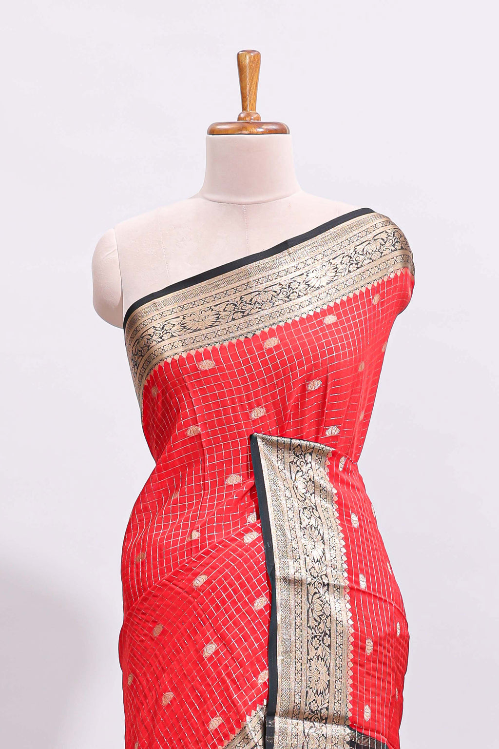 Red zari checked art mysore silk saree with contrast zari border and motifs blouse