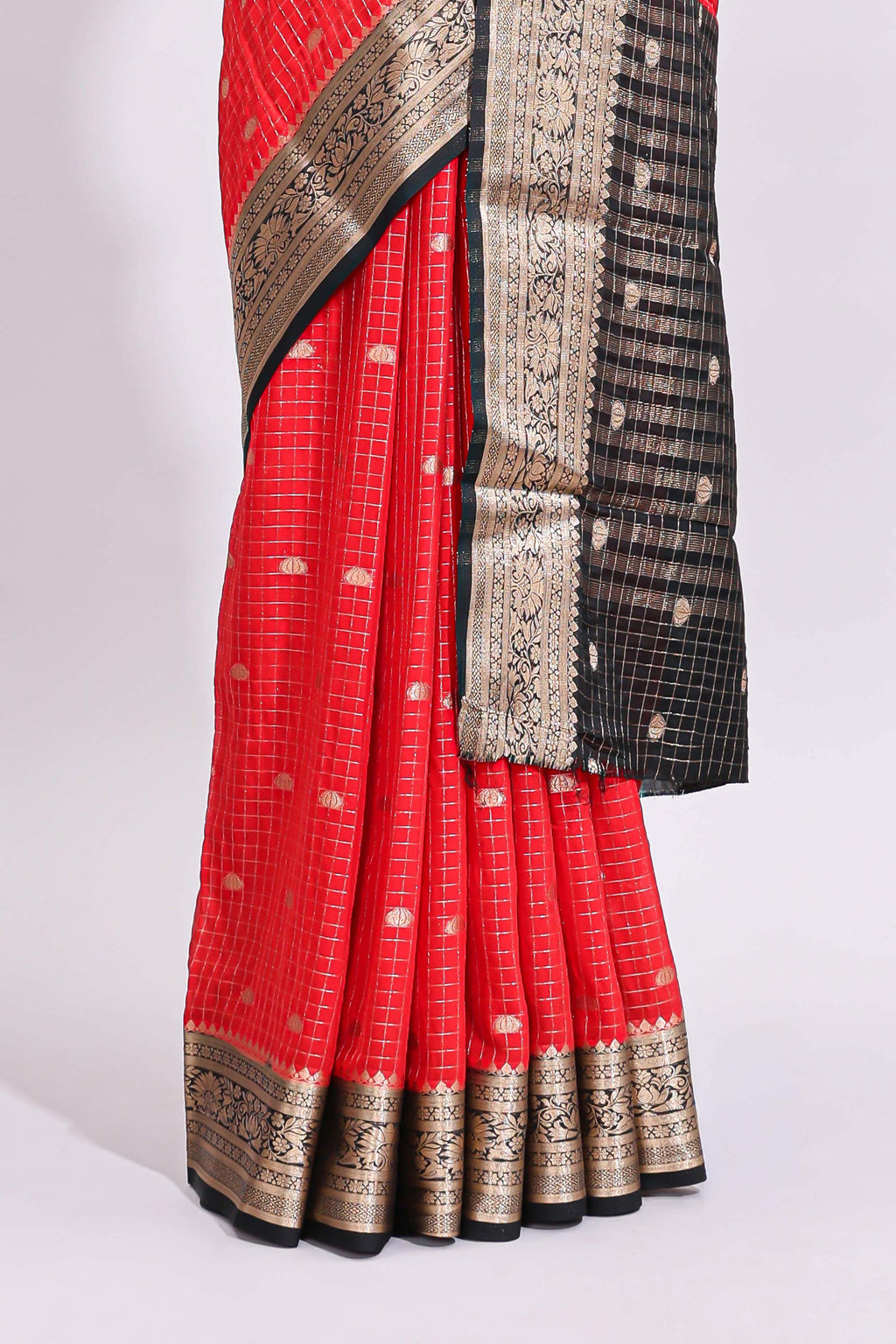 Red zari checked art mysore silk saree with contrast zari border and motifs blouse