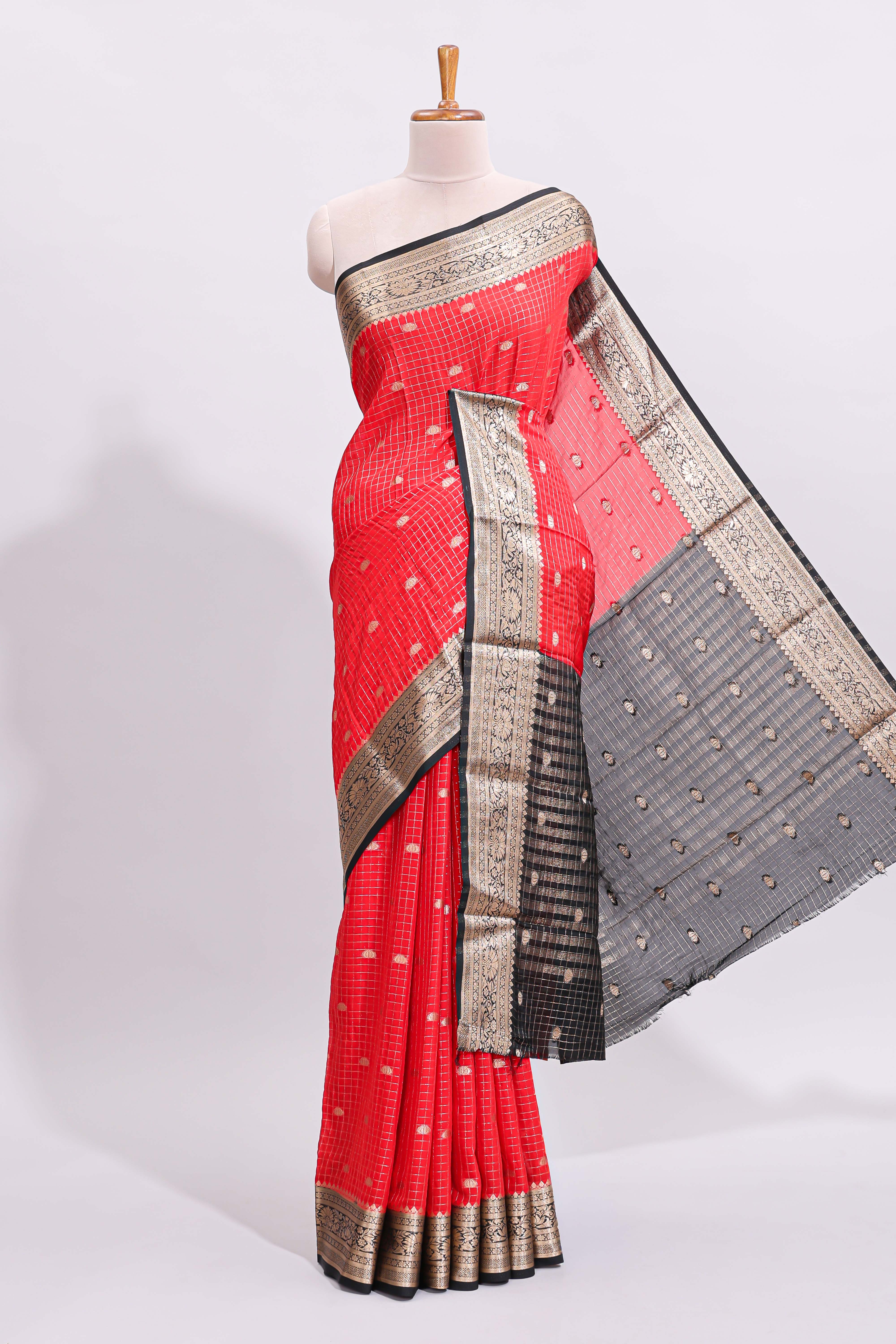 Red zari checked art mysore silk saree with contrast zari border and motifs blouse