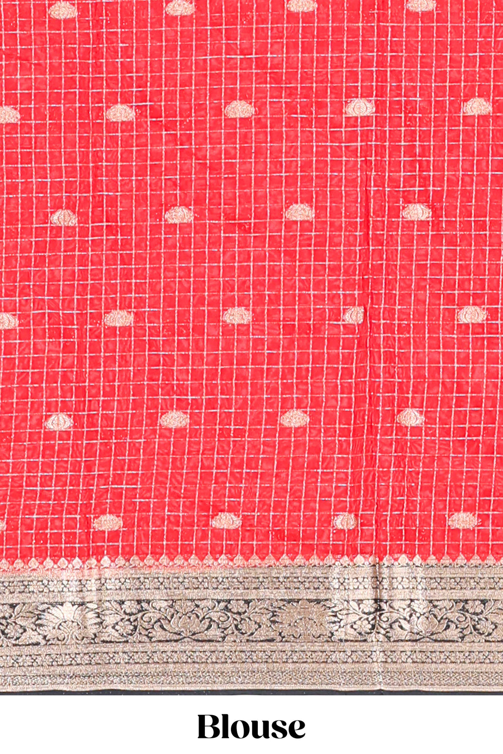 Red zari checked art mysore silk saree with contrast zari border and motifs blouse