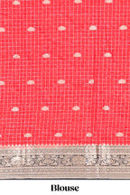 Red zari checked art mysore silk saree with contrast zari border and motifs blouse
