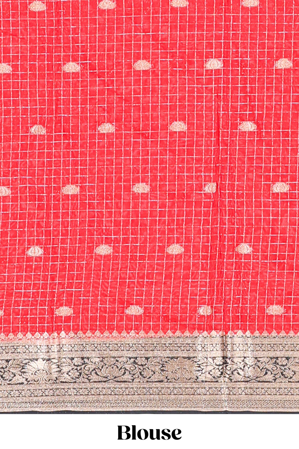 Red zari checked art mysore silk saree with contrast zari border and motifs blouse