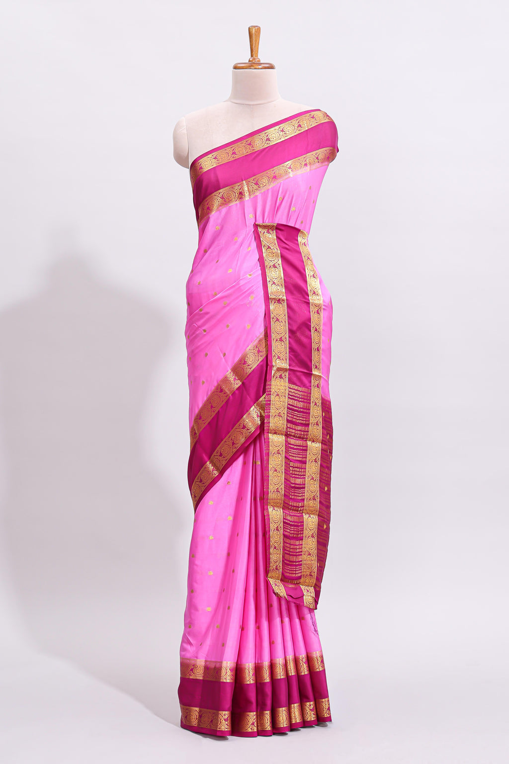 Pink zari butta art mysore silk saree with contrast zari border and motifs blouse