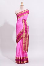 Pink zari butta art mysore silk saree with contrast zari border and motifs blouse