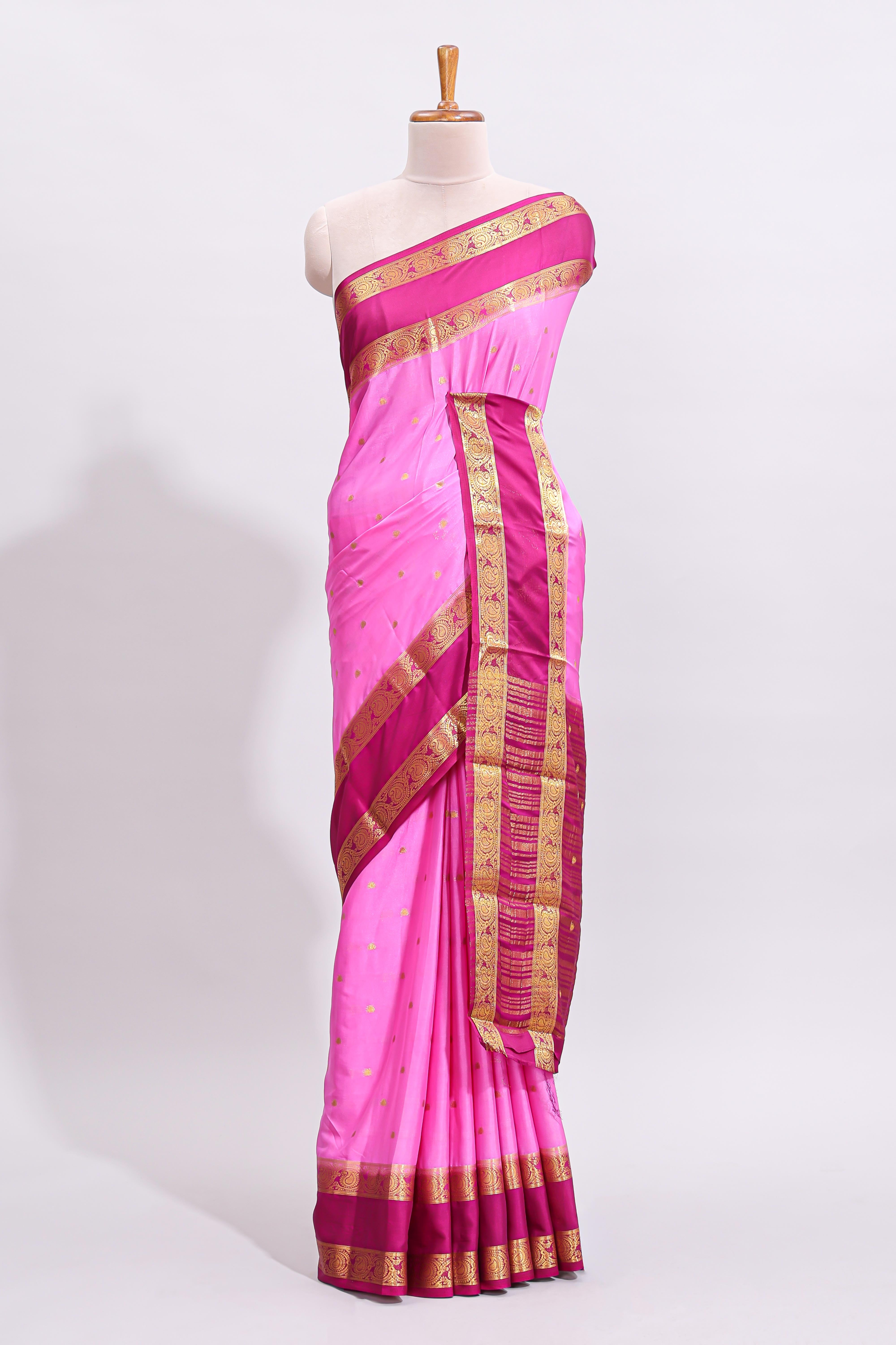 Pink zari butta art mysore silk saree with contrast zari border and motifs blouse
