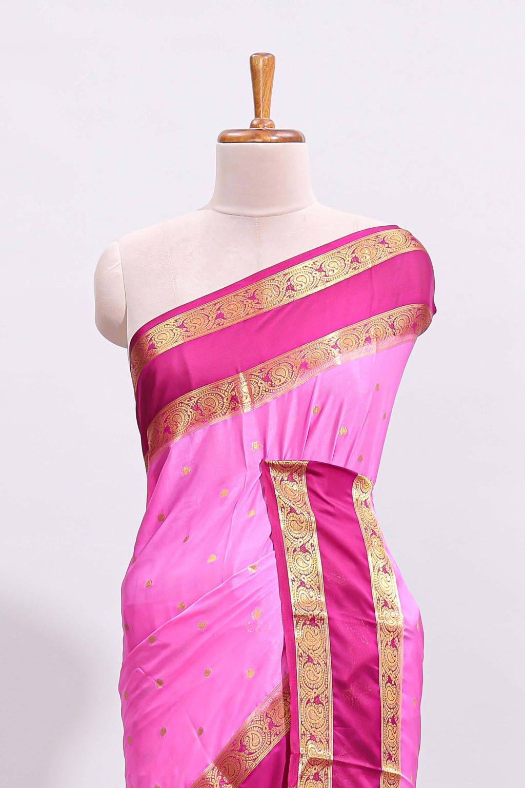 Pink zari butta art mysore silk saree with contrast zari border and motifs blouse