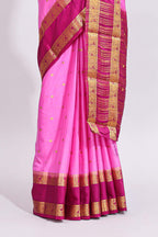 Pink zari butta art mysore silk saree with contrast zari border and motifs blouse