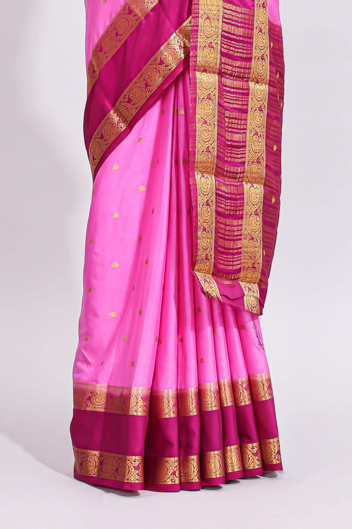 Pink zari butta art mysore silk saree with contrast zari border and motifs blouse