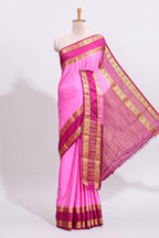Pink zari butta art mysore silk saree with contrast zari border and motifs blouse