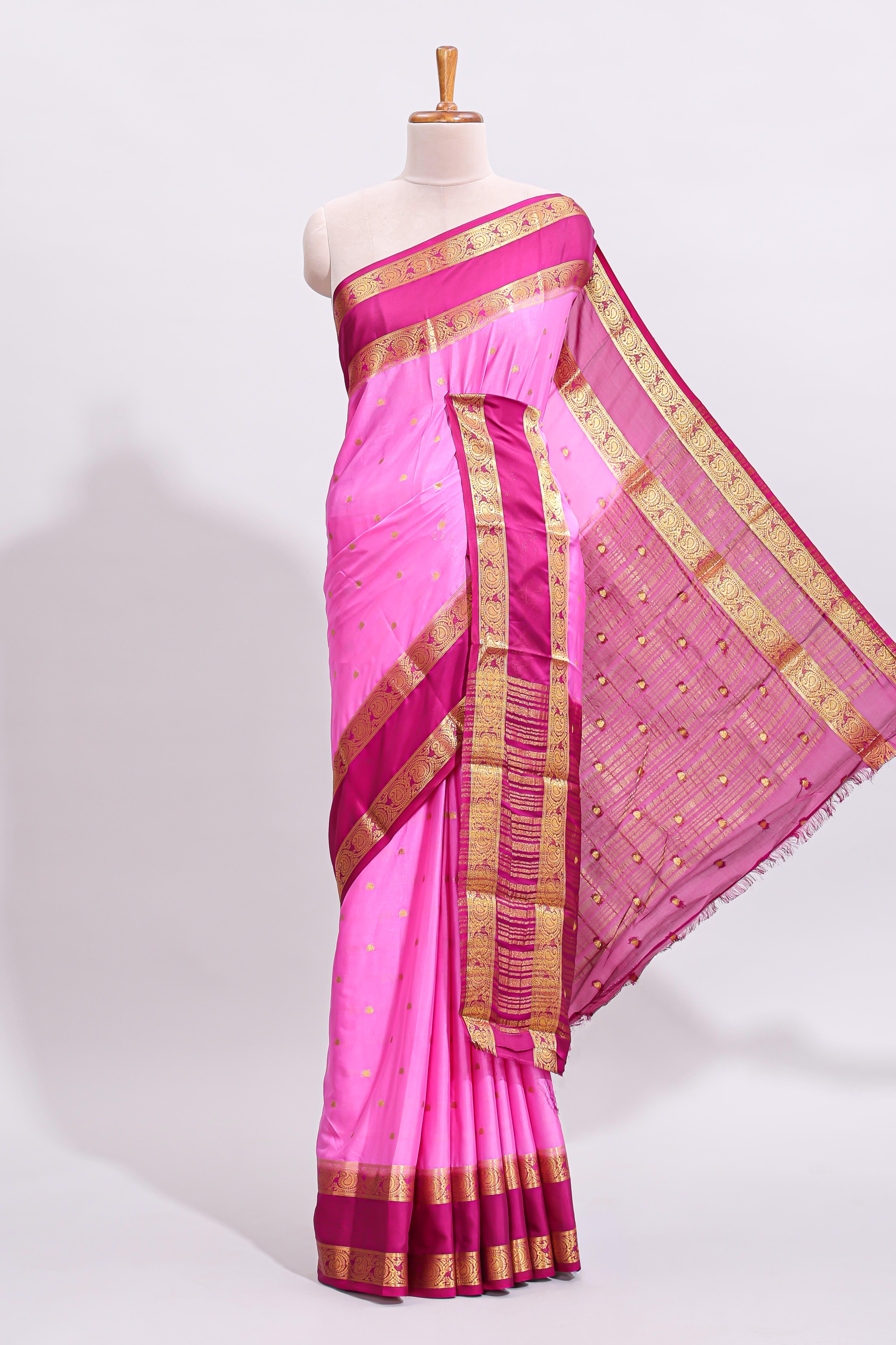Pink zari butta art mysore silk saree with contrast zari border and motifs blouse