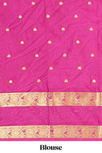 Pink zari butta art mysore silk saree with contrast zari border and motifs blouse