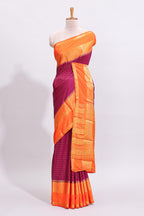 Magenta zari checked art mysore silk saree with contrast zari border and checked blouse