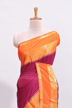Magenta zari checked art mysore silk saree with contrast zari border and checked blouse
