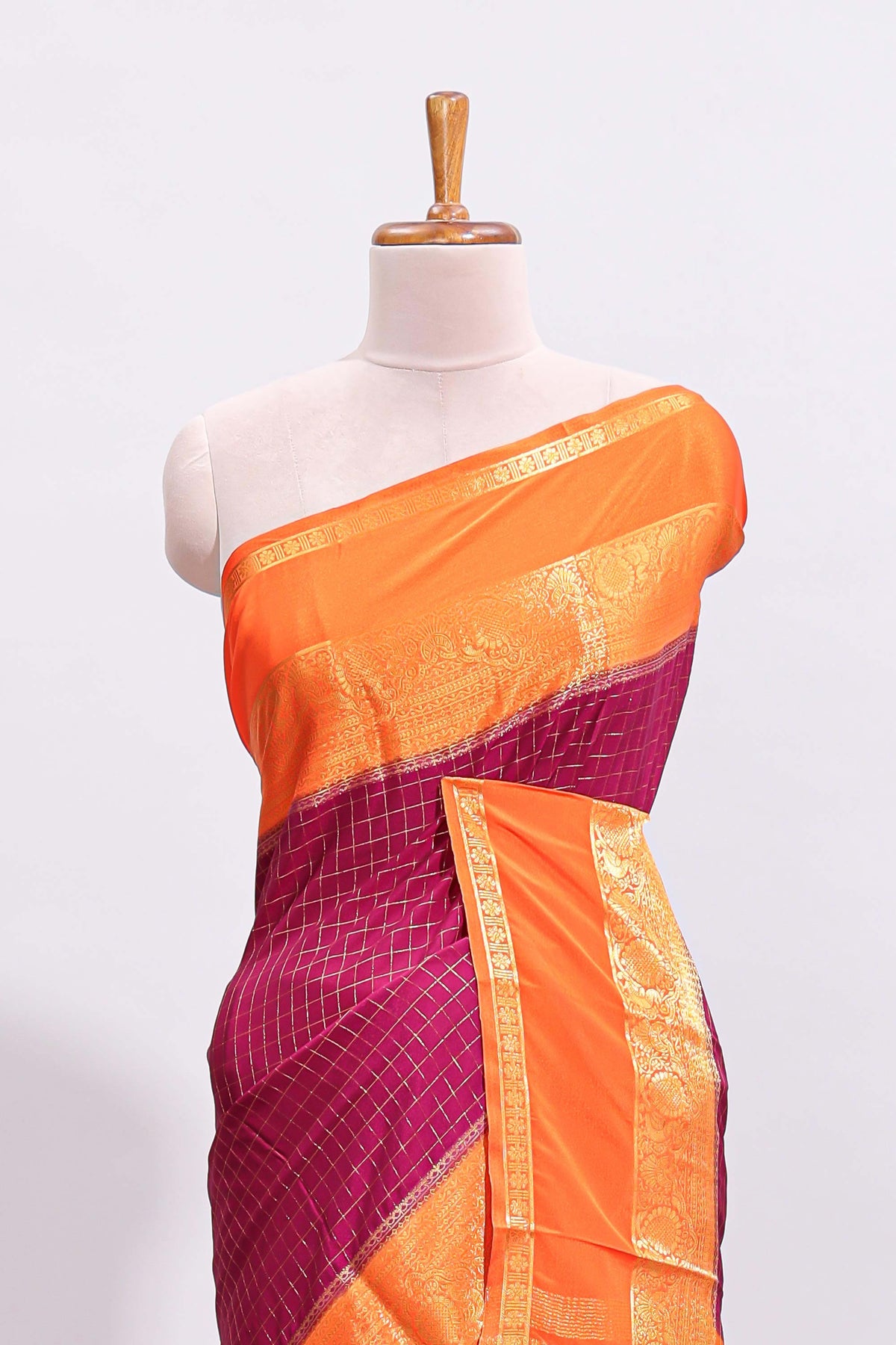 Magenta zari checked art mysore silk saree with contrast zari border and checked blouse