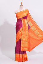 Magenta zari checked art mysore silk saree with contrast zari border and checked blouse