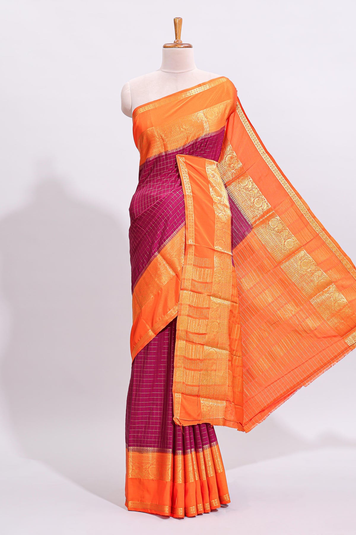Magenta zari checked art mysore silk saree with contrast zari border and checked blouse