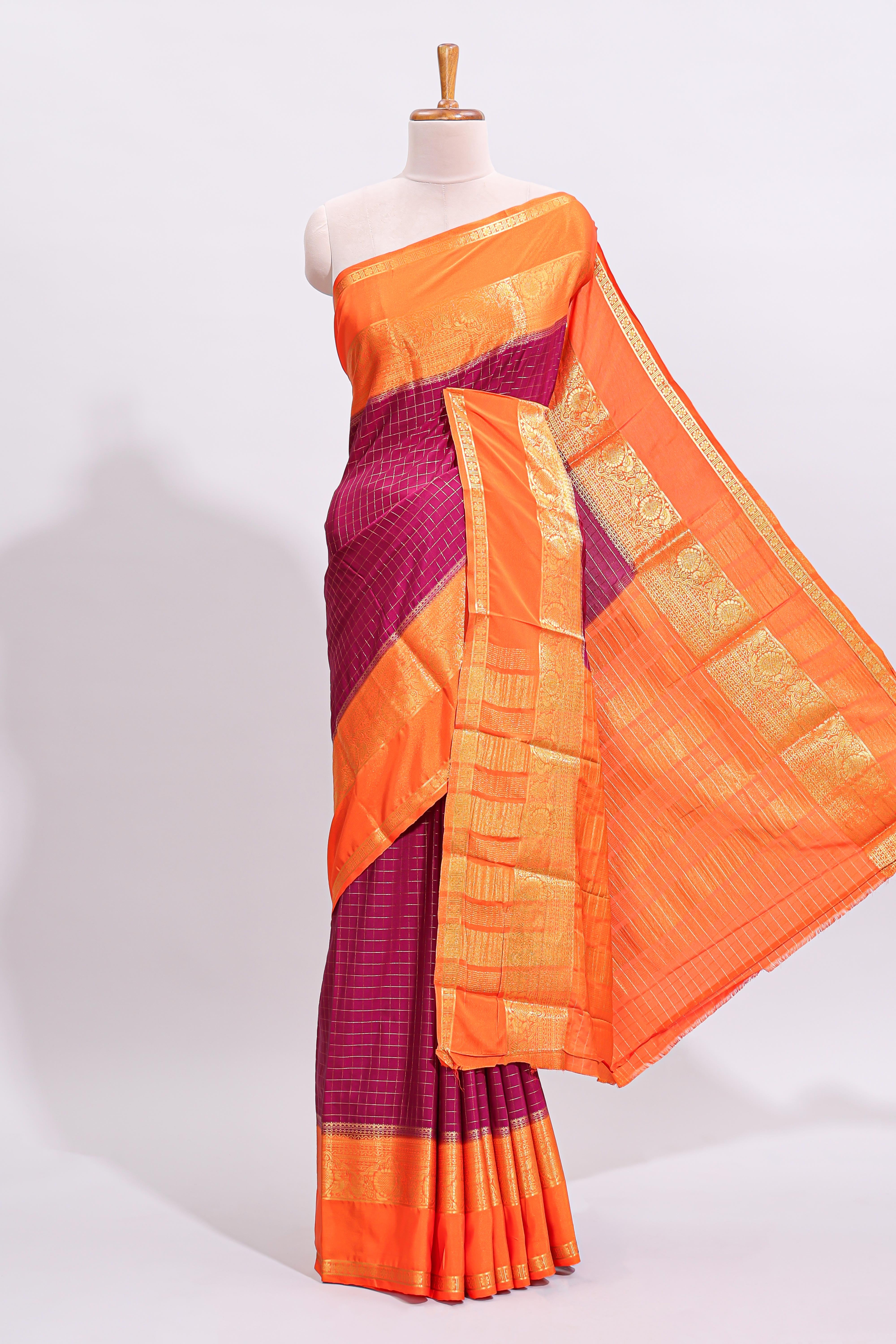 Magenta zari checked art mysore silk saree with contrast zari border and checked blouse