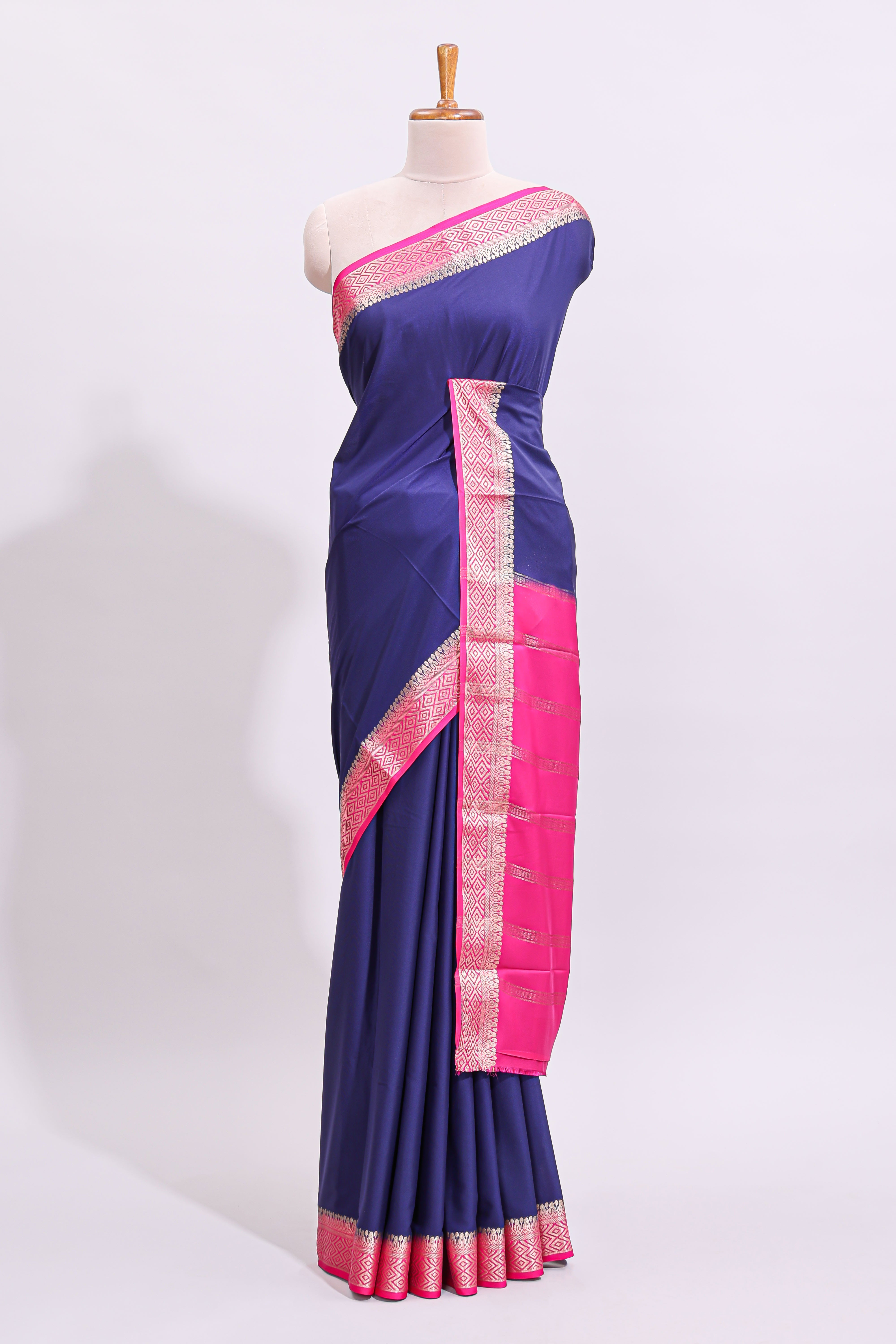 Blue plain art mysore silk saree with contrast zari border and blouse