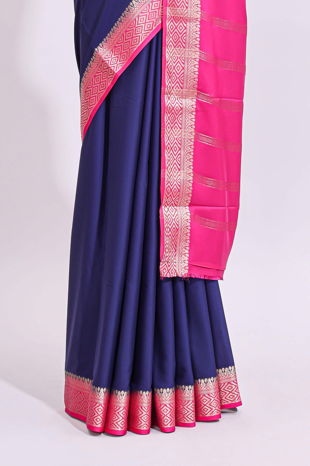 Blue plain art mysore silk saree with contrast zari border and blouse