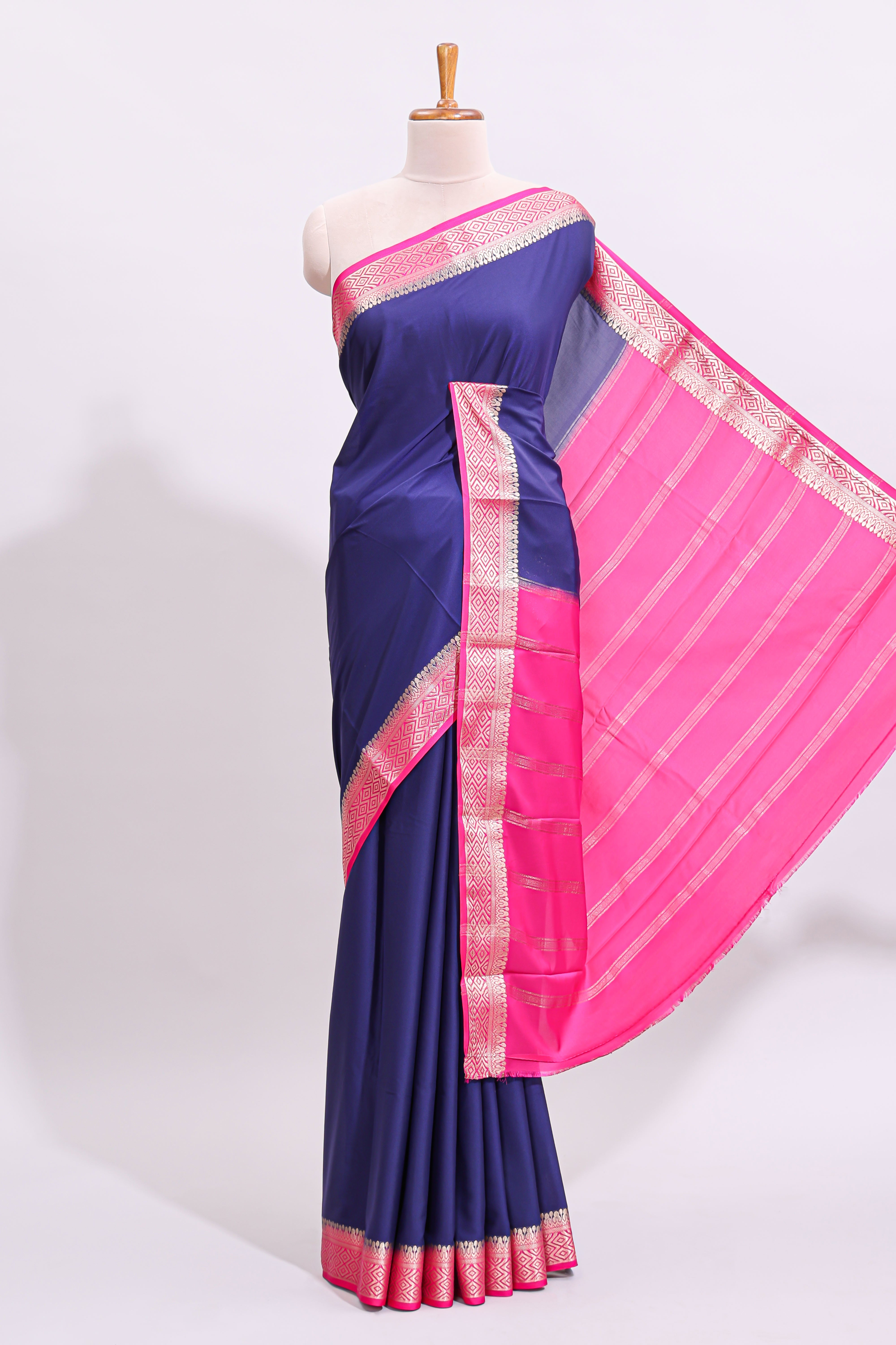 Blue plain art mysore silk saree with contrast zari border and blouse