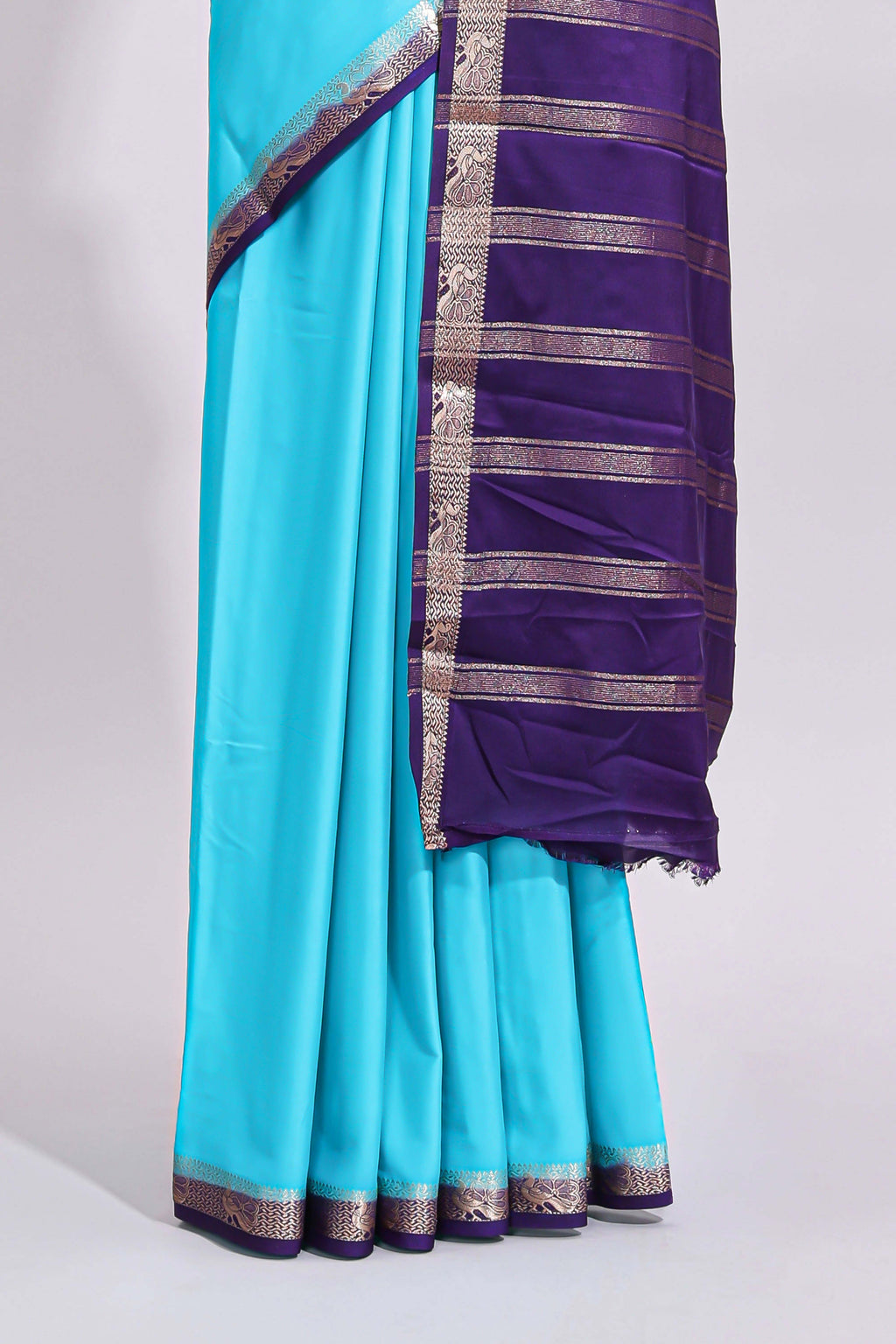 Turquoise blue plain art mysore silk saree with contrast zari border and blouse