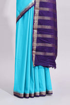 Turquoise blue plain art mysore silk saree with contrast zari border and blouse