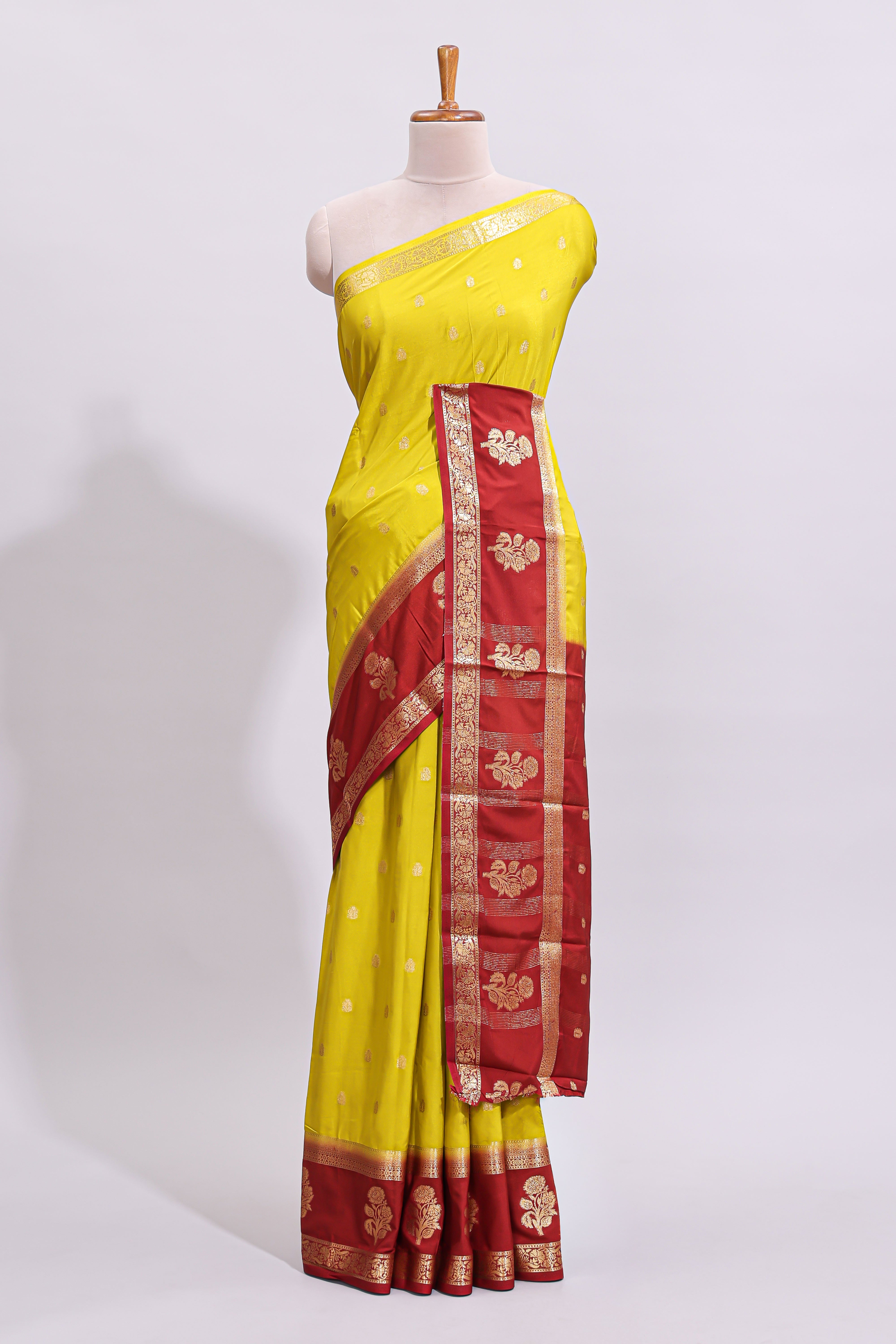 Yellow zari butta art mysore silk saree with contrast zari border and motifs blouse