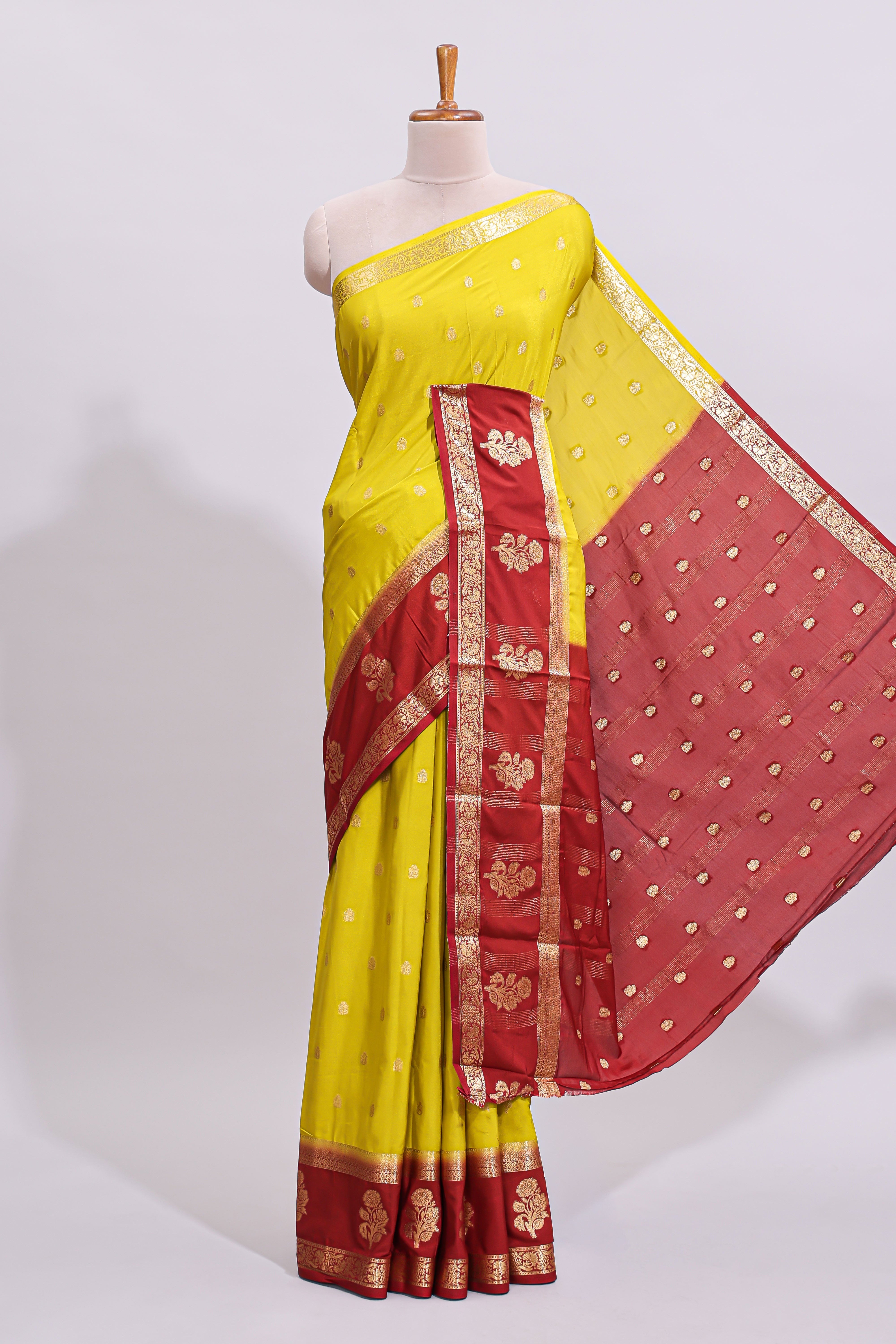 Yellow zari butta art mysore silk saree with contrast zari border and motifs blouse