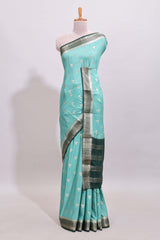 Turquoise blue zari butta art mysore silk saree with contrast border andblouse