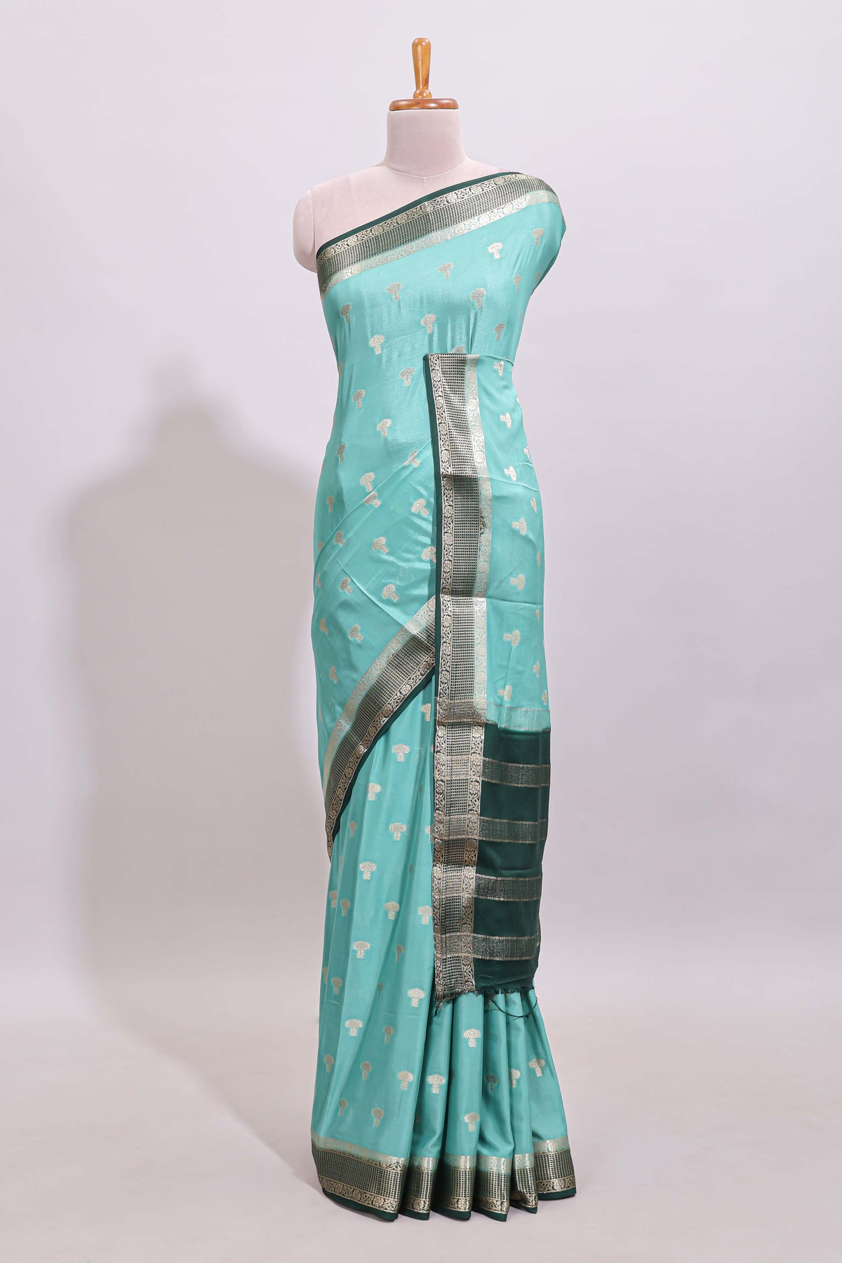 Turquoise blue zari butta art mysore silk saree with contrast border and  blouse