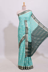 Turquoise blue zari butta art mysore silk saree with contrast border andblouse
