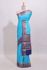 Cyan Blue floral butta motifs art mysore silk saree with contrast zari border and plain blouse