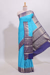 Cyan Blue floral butta motifs art mysore silk saree with contrast zari border and plain blouse