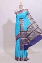 Cyan Blue floral butta motifs art mysore silk saree with contrast zari border and plain blouse