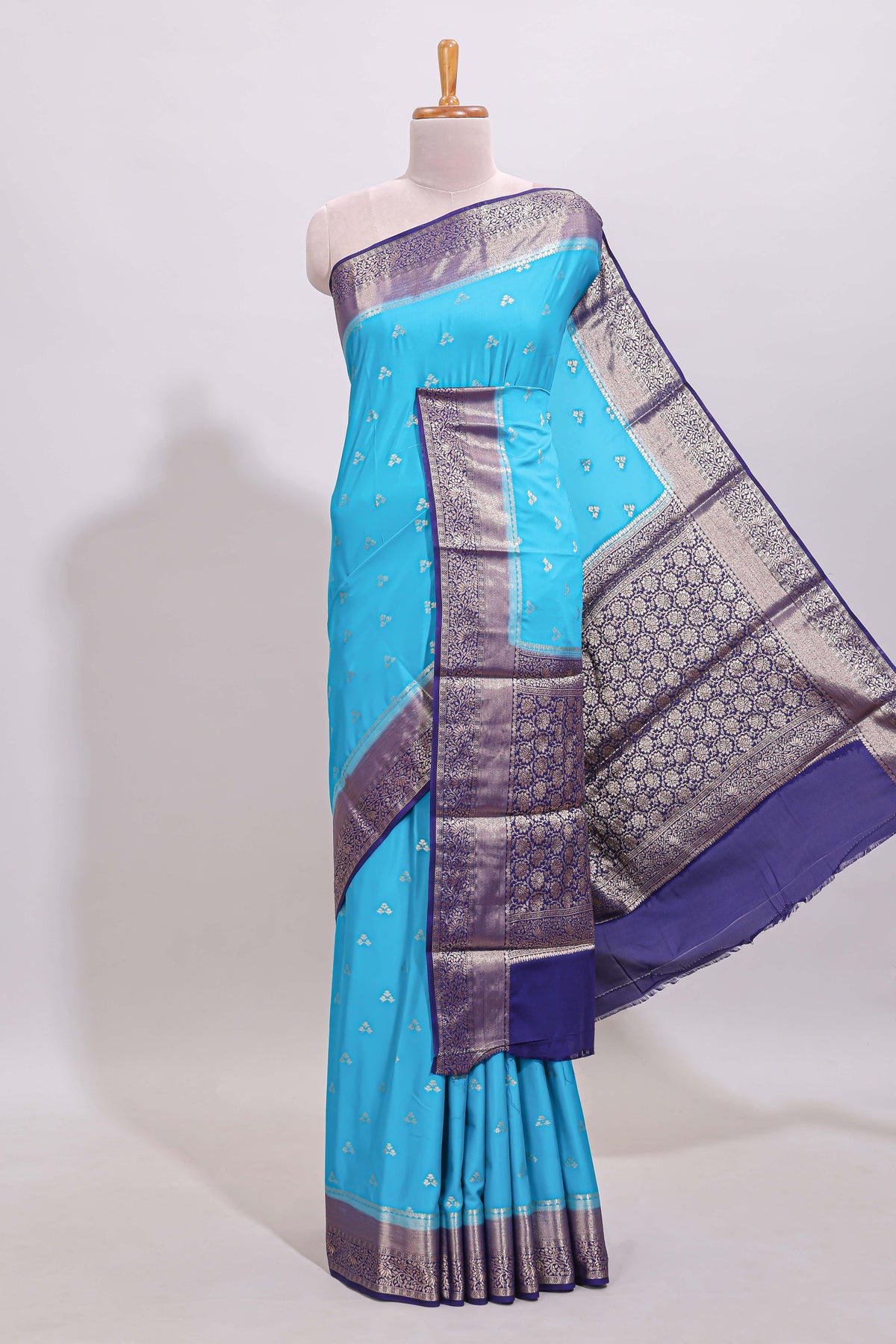 Cyan Blue floral butta motifs art mysore silk saree with contrast zari border and plain blouse