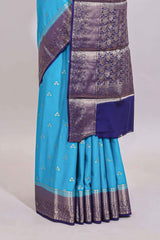 Cyan Blue floral butta motifs art mysore silk saree with contrast zari border and plain blouse