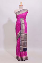 Hot pink floral butta motifs art mysore silk saree with contrast zari border and plain blouse