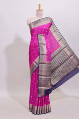Hot pink floral butta motifs art mysore silk saree with contrast zari border and plain blouse