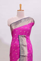 Hot pink floral butta motifs art mysore silk saree with contrast zari border and plain blouse