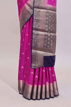 Hot pink floral butta motifs art mysore silk saree with contrast zari border and plain blouse