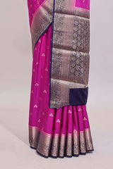 Hot pink floral butta motifs art mysore silk saree with contrast zari border and plain blouse