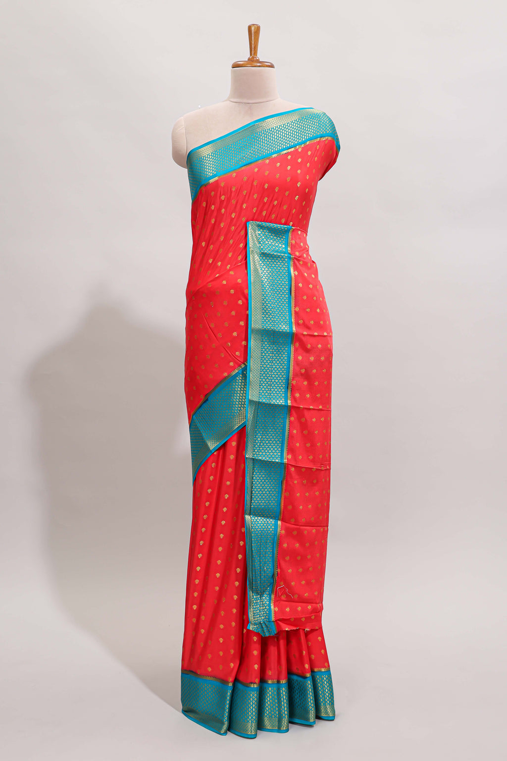 Red zari motifs design art mysore silk saree with contrast zari border and blouse