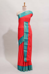Red zari motifs design art mysore silk saree with contrast zari border and blouse