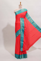 Red zari motifs design art mysore silk saree with contrast zari border and blouse