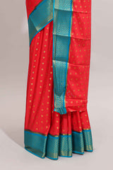 Red zari motifs design art mysore silk saree with contrast zari border and blouse