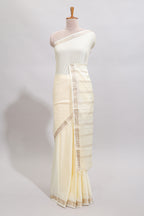 Off white plain art mysore silk saree with self zari border and matching blouse