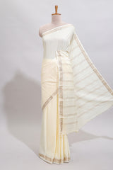 Off white plain art mysore silk saree with self zari border and matching blouse