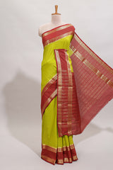 Green checked art mysore silk saree with contrast zari border and blouse