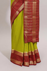 Green checked art mysore silk saree with contrast zari border and blouse